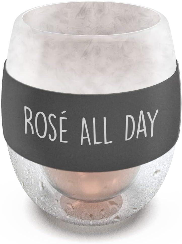 Freezer Chilled Stemless Wine Glass, Double Walled Insulated Frozen Chiller Cup (8.5oz) Fun Wine Lover Gift for Women/Her Rose All Day (Gift Boxed)