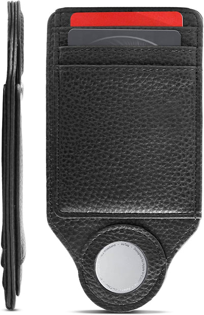 Worlds Slimmest Airtag Wallet for Men, Ultra-Thin Super Slim Profile (Deep Grain) PU Leather Card Holder Compatible with Apple AirTag, Black