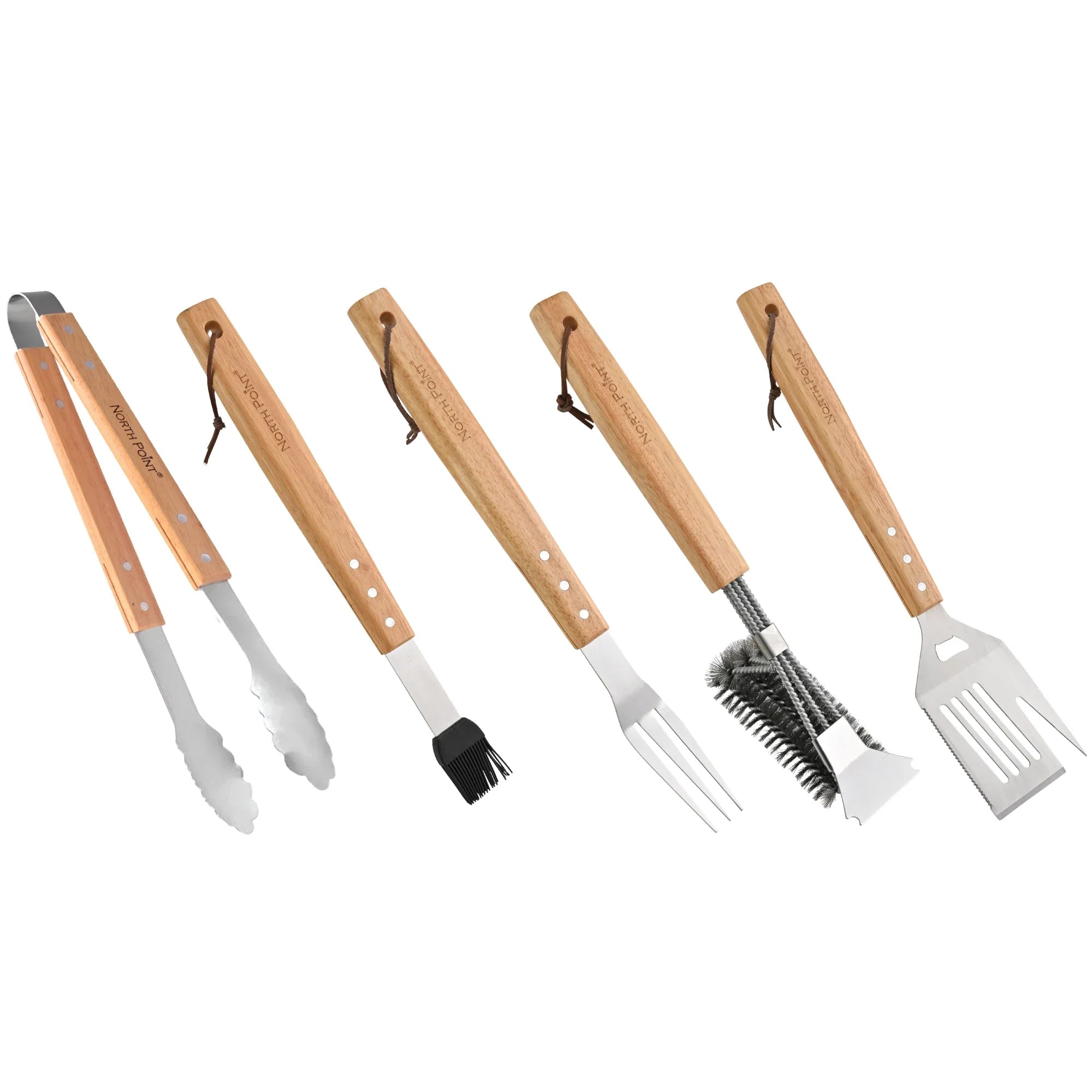 North Point 5 Piece BBQ Tool Set – Wood Handle Stainless Steel with 5 ...