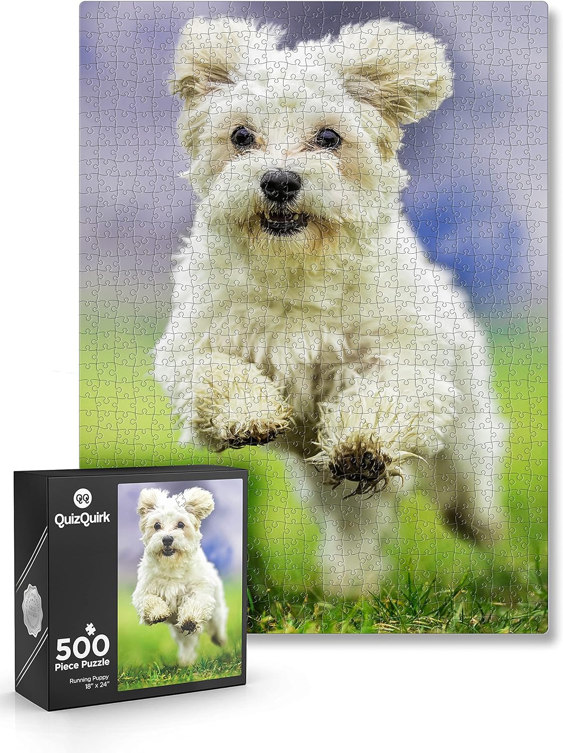 QuizQuirk 500 Piece Puzzle, Jumping Dog Jigsaw Puzzle for Adults/Teens (Puzzle Saver Kit Included)