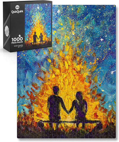 QuizQuirk 1000 Piece Puzzle, Romantic Couple by Campfire Painting Jigsaw Puzzle for Adults/Teens (Puzzle Saver Kit Included)