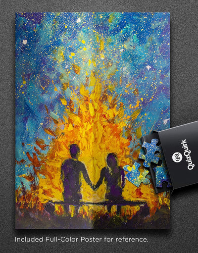 QuizQuirk 1000 Piece Puzzle, Romantic Couple by Campfire Painting Jigsaw Puzzle for Adults/Teens (Puzzle Saver Kit Included)