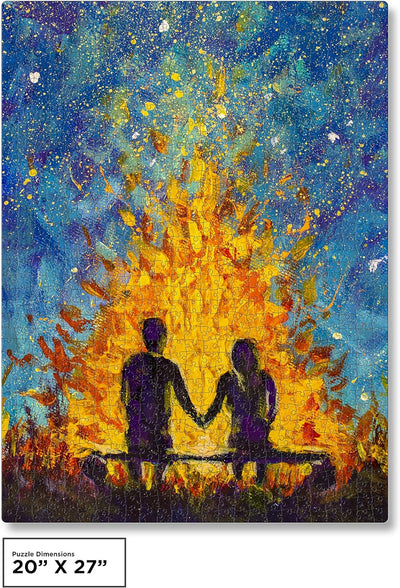 QuizQuirk 1000 Piece Puzzle, Romantic Couple by Campfire Painting Jigsaw Puzzle for Adults/Teens (Puzzle Saver Kit Included)