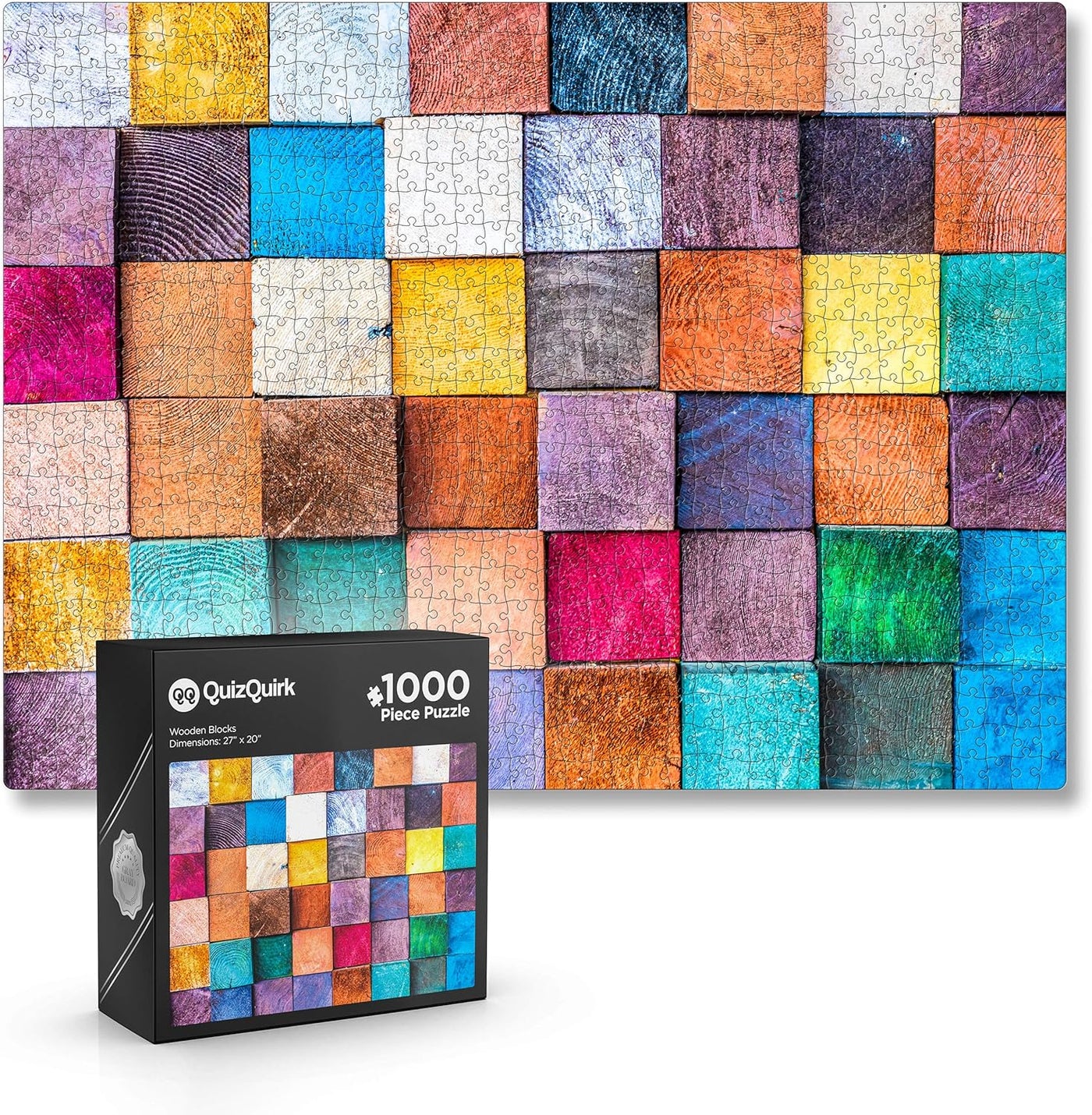 QuizQuirk 1000 Piece Puzzle, Colorful Wooden Blocks Jigsaw Puzzle for Adults/Teens (Puzzle Saver Kit Included)
