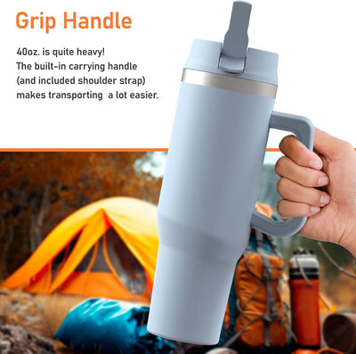 40 oz Tumbler Cup with Handle and Carrier Bag, 24-Hour Insulated Water Bottle with Straw Lid, Neoprene Carrying Sleeve and Hand Strap