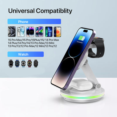 Foldable 4-in-1 Magnetic Wireless Charging Station with 7-Color Night Light for iPhone, Apple Watch & AirPods