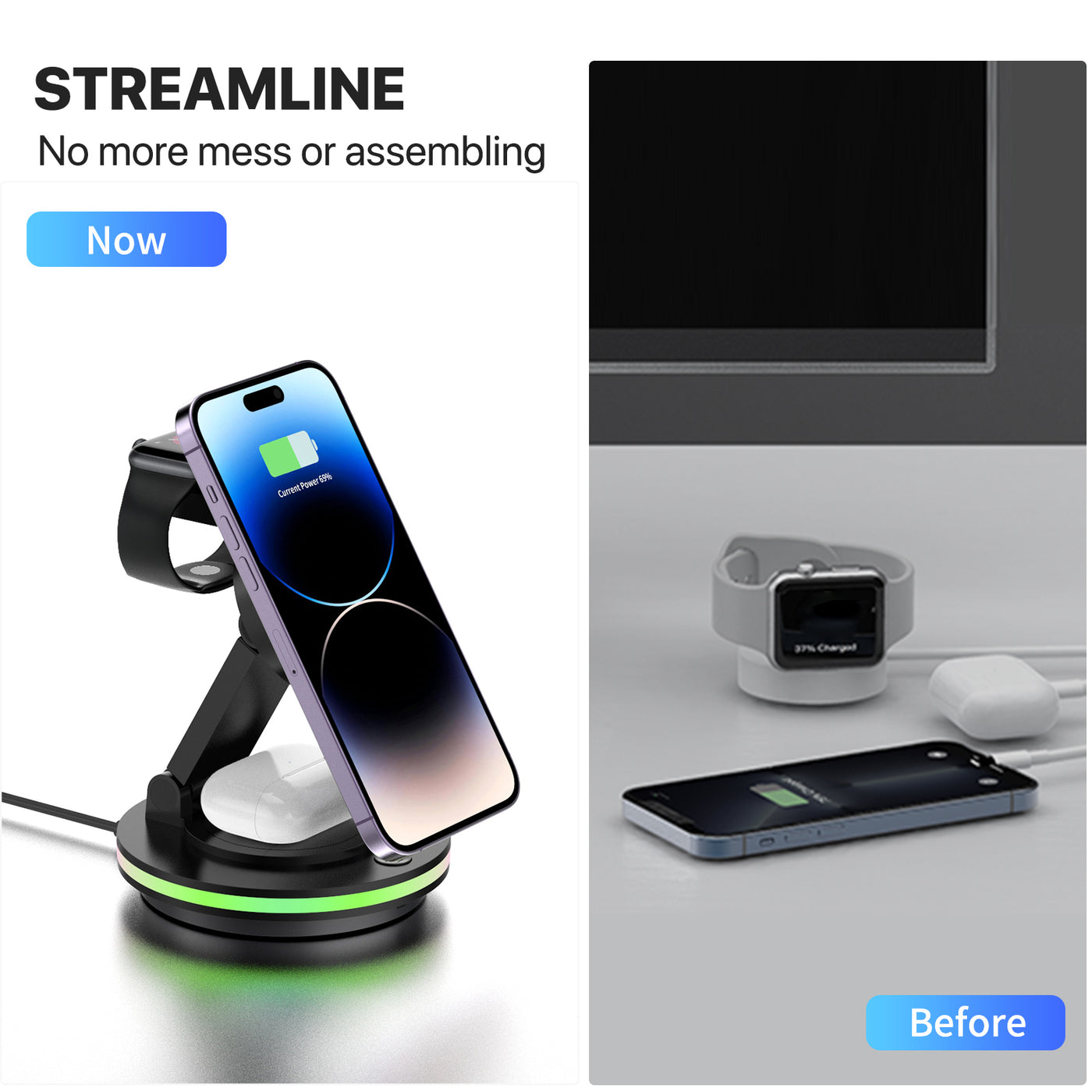 Foldable 4-in-1 Magnetic Wireless Charging Station with 7-Color Night Light for iPhone, Apple Watch & AirPods