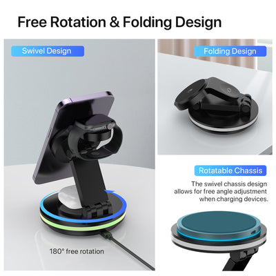 Foldable 4-in-1 Magnetic Wireless Charging Station with 7-Color Night Light for iPhone, Apple Watch & AirPods