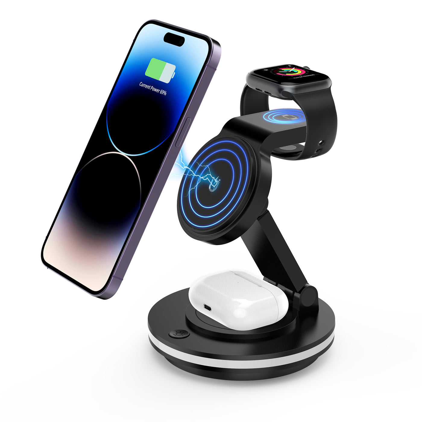 Foldable 4-in-1 Magnetic Wireless Charging Station with 7-Color Night Light for iPhone, Apple Watch & AirPods