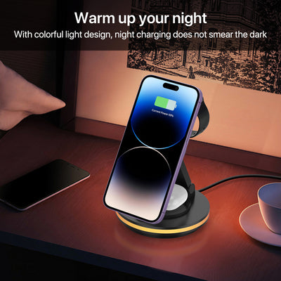 Foldable 4-in-1 Magnetic Wireless Charging Station with 7-Color Night Light for iPhone, Apple Watch & AirPods