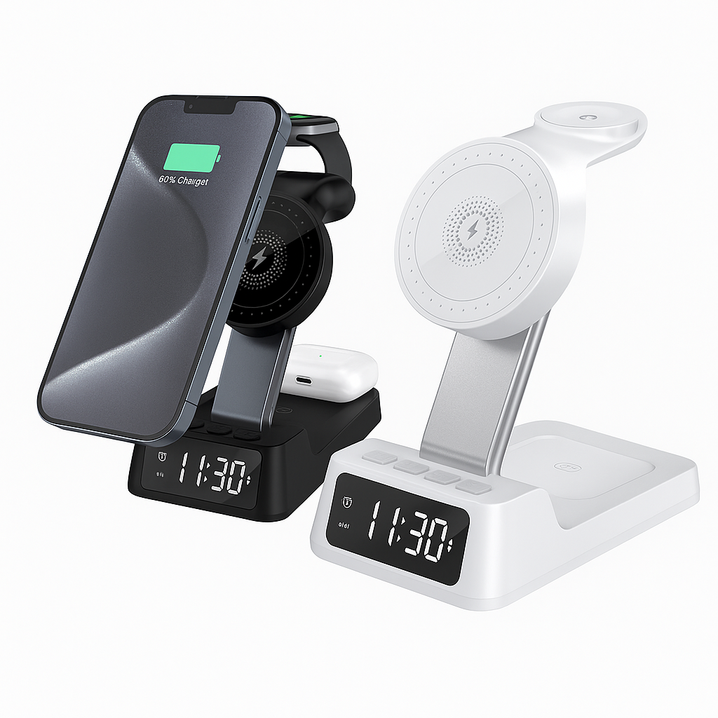 4-in-1 Wireless Charging Station with Alarm Clock – Fast Charging Stand for Phone, Watch & Earbuds (Black or White)