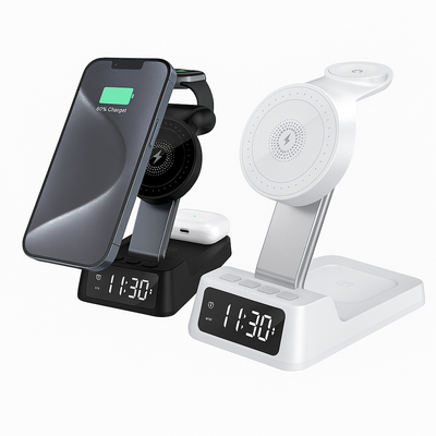 4-in-1 Wireless Charging Station with Alarm Clock – Fast Charging Stand for Phone, Watch & Earbuds (Black or White)
