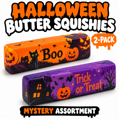 Halloween Butter Squishy 2-Pack Mystery Set – Spooky Butter Stick Stress Relief Fidget Toys | Random Halloween Designs | Party Favors & Gifts