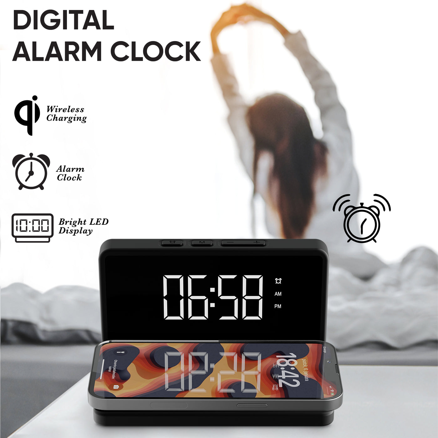 LED Alarm Clock with wireless Charging