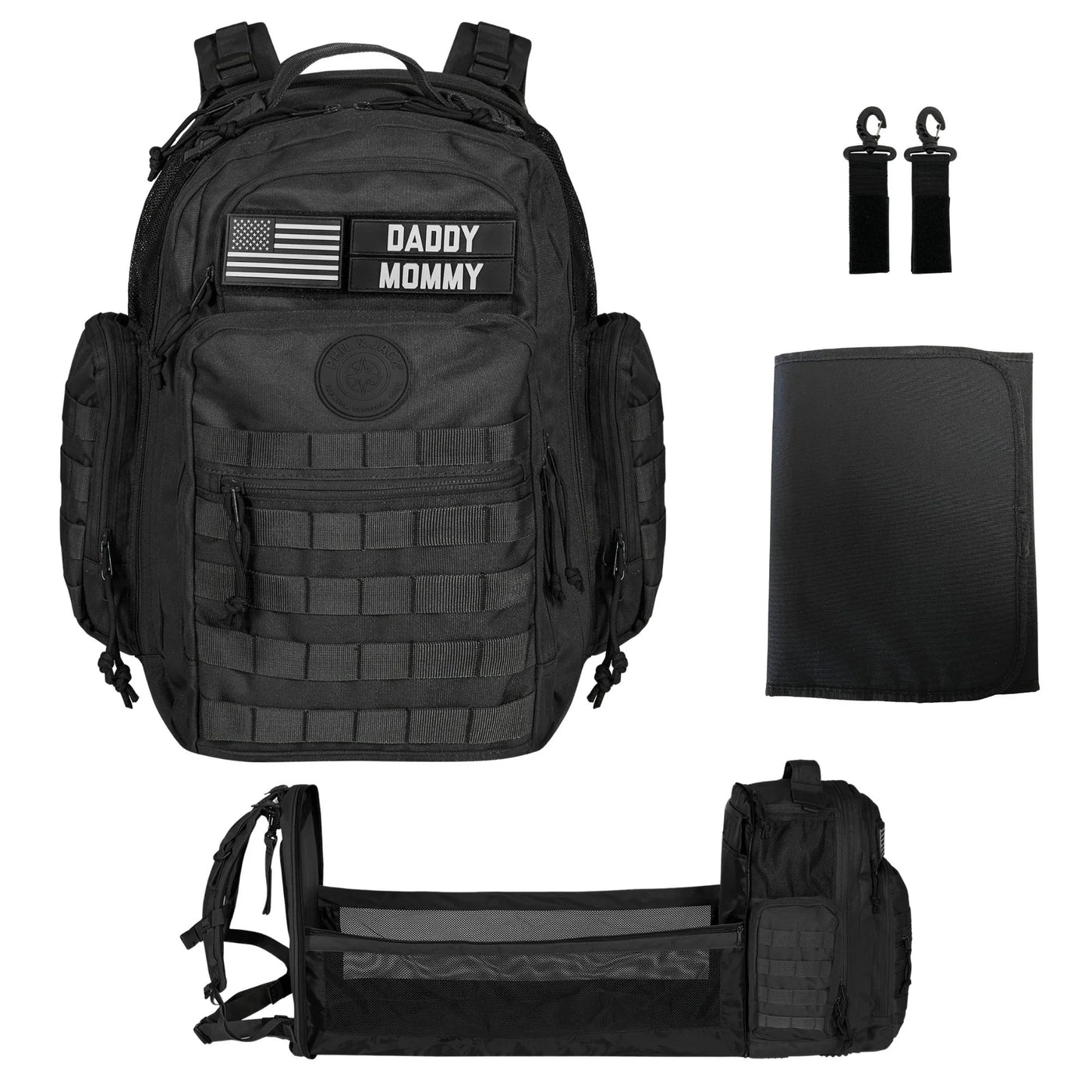 Phil & Jack Dad Diaper Bag Backpack, Baby Diaper Bag with Changing Station, Tactical Military Style, Womens Mens Diaper Bag (Black)