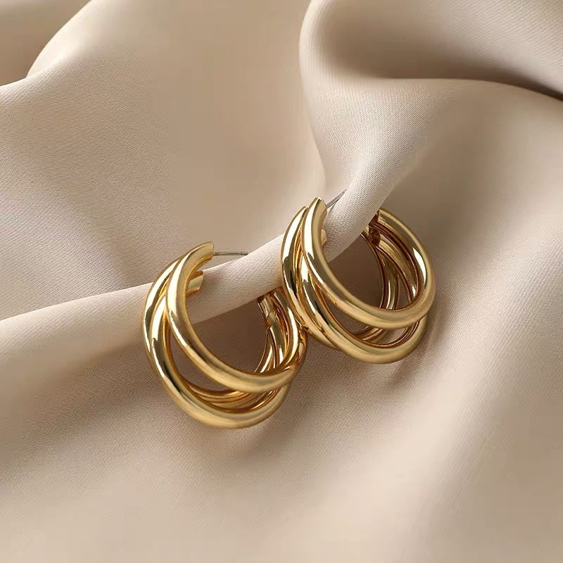Triple Chunky Hoop Gold Plated Earrings with Gift Pouch