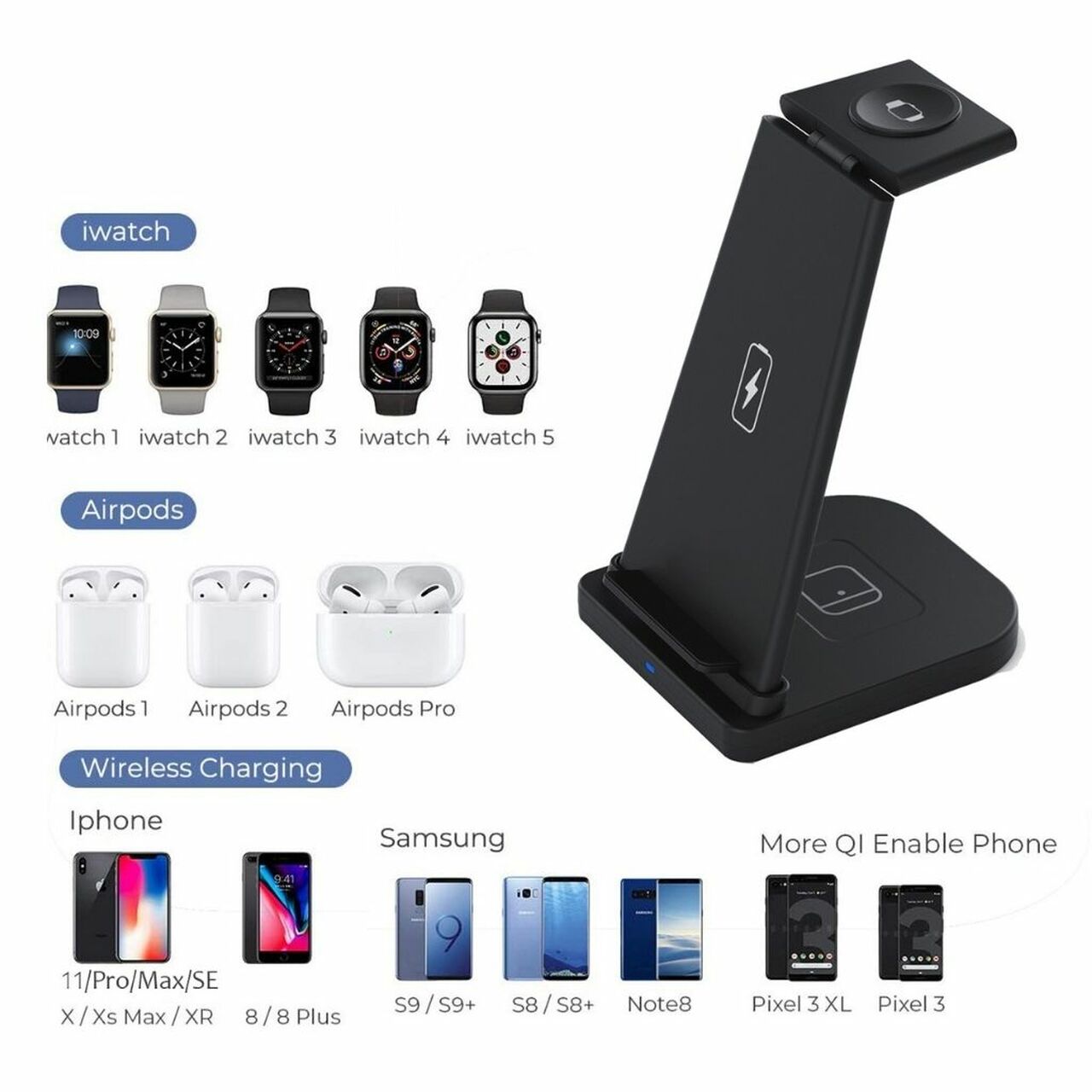 3-in-1 Fast Wireless Charging Stand for Phones, Apple Watch & AirPods