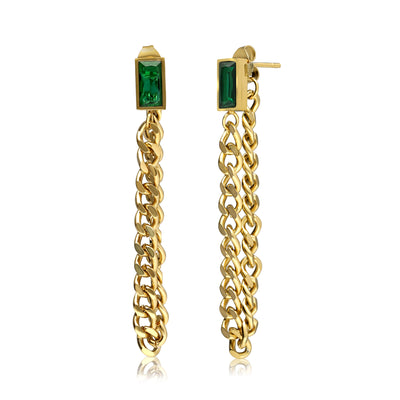 Dangle Chain Earrings with Cubic Zirconia Emerald and Gift Pouch